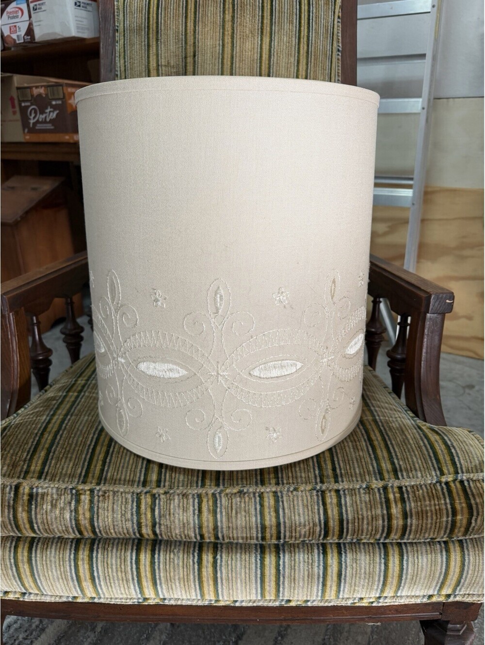 Vtg Embroidered Drum Lampshade Crewel Needlework